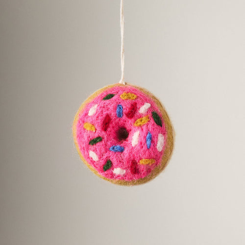 Felted Wool Donut Ornament - Pink Glaze