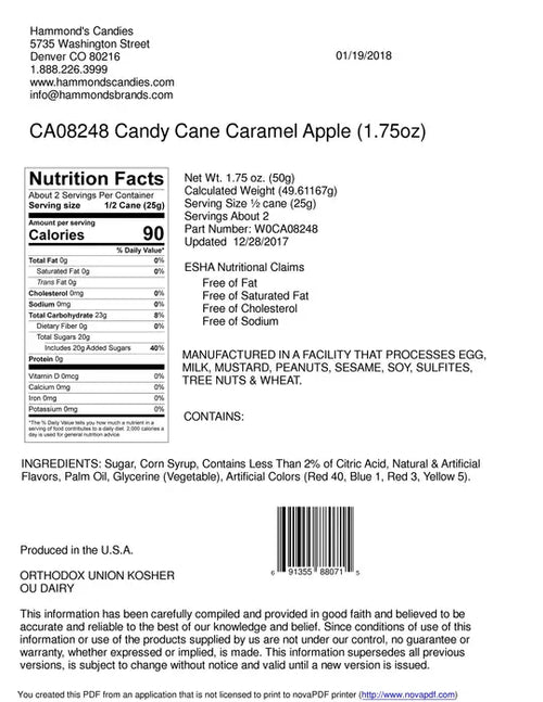 Hand-Spun Jumbo Candy Cane - Caramel Apple - 1.75 oz