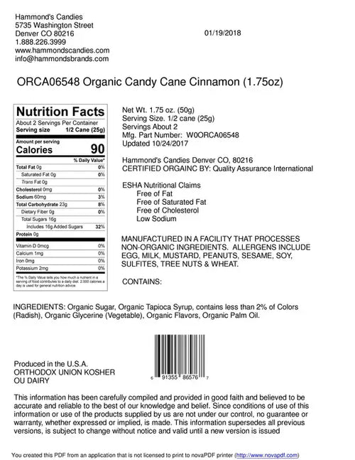 Organic Hand-Spun Jumbo Candy Cane - Cinnamon - 1.75 oz