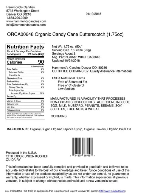 Organic Hand-Spun Jumbo Candy Cane - Butterscotch - 1.75 oz