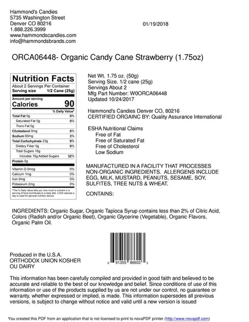 Organic Hand-Spun Jumbo Candy Cane - Strawberry - 1.75 oz