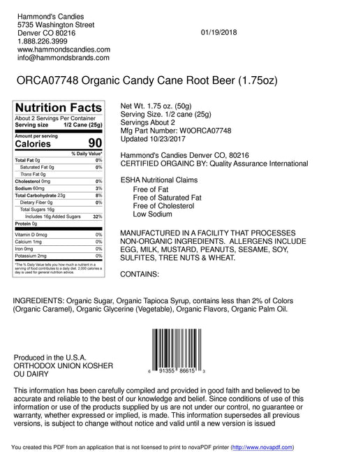 Organic Hand-Spun Jumbo Candy Cane - Root Beer - 1.75 oz
